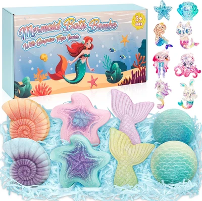 Mermaid Bath Bombs for Kids with Surprise Toys Inside, 8 Pcs Organic Natural Bub - Image 1 of 4