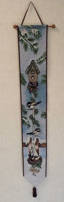 Christmas Tapestry Bell Pull Wall Hanging Decor Birds Winter Bird House USA - Image 1 of 4