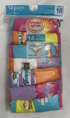 Wonder Nation Girls 100% Cotton Tag Free Hipster Panty, 14 pack NIP Size 16 - Image 1 of 4
