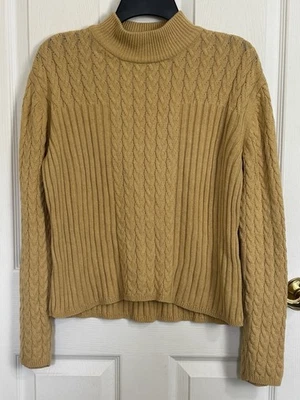 VTG Fisherman Cable Knit Wool Blend Boxy Mock Neck Sweater Size Large Yellow - Image 1 of 3