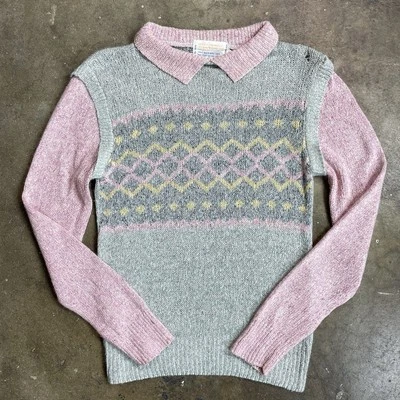 Suéter Delicado Vintage Años 70 Rosa y Gris Chaleco Incorporado Argyle Pascua Pequeño Foto 1 de 4