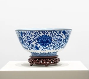 "Cuenco vintage de porcelana china estilo dinastía Ming 12"" azul blanco + soporte de madera" - Imagen 1 de 22