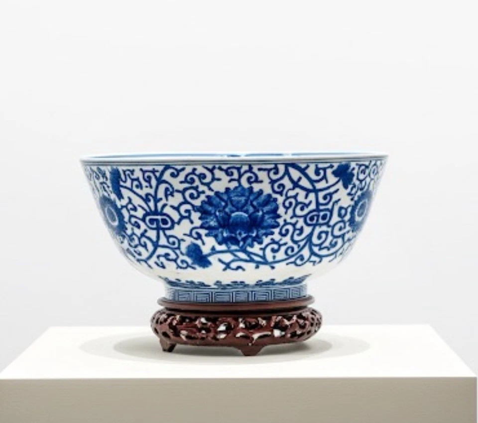 Vintage Chinese Porcelain Ming Dynasty Style Bowl 12” Blue White + Wood Stand - Image 1 of 4