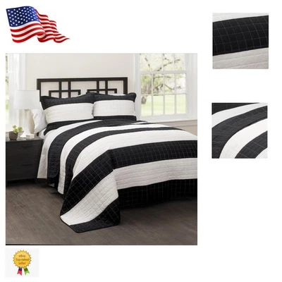 Colección Stripe: Juego de edredón de 3 piezas de algodón suave en blanco y negro para Full/Queen Foto 1 de 4