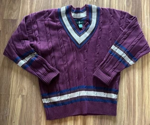 VTG Men Varsity Tennis Sweater Large Burgundy Cable Knit V Neck Preppy Cricket - Picture 1 of 5
