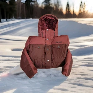 Marmot 700 Fill Down Telford Mens Puffer Coat Sz M Maroon Removable Hood Pockets - Picture 1 of 14