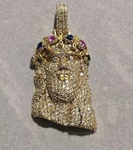 5 Ctw Round Cut Real Moissanite Jesus Face Pendant 14K Yellow Gold Plated Silver - Picture 1 of 8
