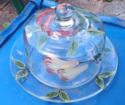 Cloche de queso de vidrio pintado a mano vintage con plato.  Manzanas, peras Foto 1 de 2