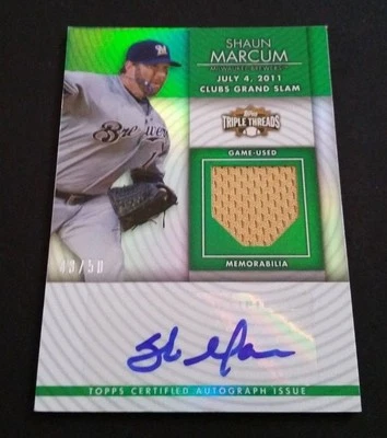Autógrafo autêntico certificado Shaun Marcum Brewers 2012 Topps Triple Threads JG3 - Imagem 1 de 2