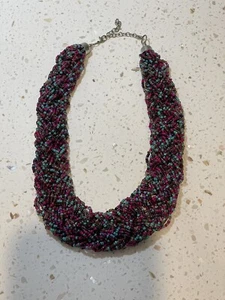 vintage necklace seedbead weaved pink multicolour blue dark statement hippie - Picture 1 of 9