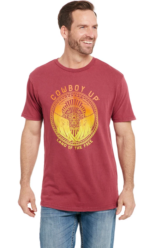 Cowboy Up Mens Land Of The Free Vintage Red 100% Cotton S/S T-Shirt - Image 1 of 1