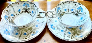 2x 1950s Wedgwood Bone China Teacup & Saucer Set Blue & Platinum PAPYRUS 4" EUC - Picture 1 of 6