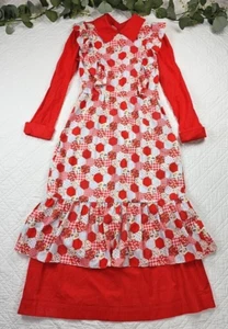 VTG 70's Red Hexagon Prairie Long Sleeve Maxi Gunne Sax Inspired Dress Size M - Picture 1 of 8