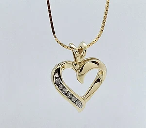14k Yellow Gold Heart Shape  Diamond Pendant with 18" 14K Box Chain - Picture 1 of 7