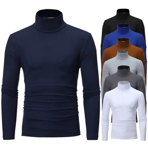 Men's Autumn Winter Pure Color Turtleneck Long Sleeve T-shirt Top Blouse Shirt - Picture 1 of 33