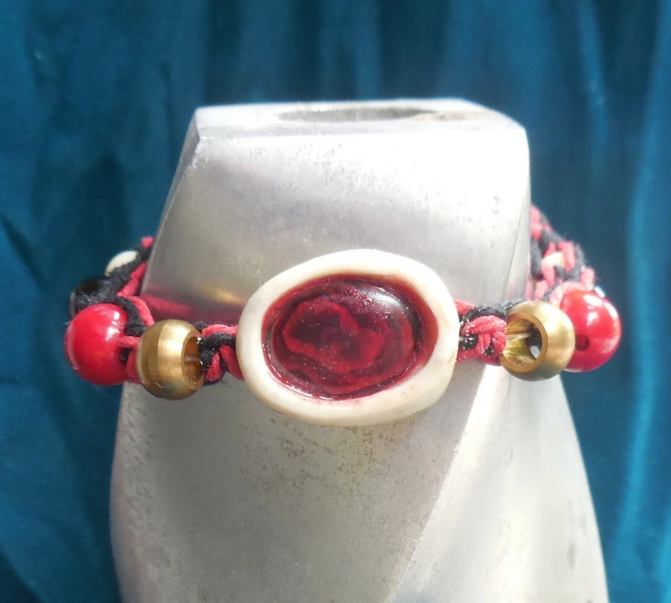 Red Abalone Shell Elk Antler Black Hemp Adjustable Bracelet Anklet w/ Onyx Beads - Image 1 of 4