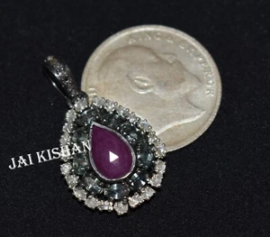 Echt Grün Saphir Rubin Edelstein Polki Pave Diamant 925 Sterling Silber Anhänger - Bild 1 von 7