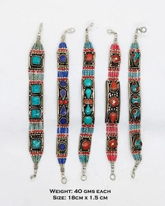 Venta al por mayor lote de 5 pulseras de plata tibetana joyería turquesa asiática hechas a mano, B9 - Imagen 1 de 2