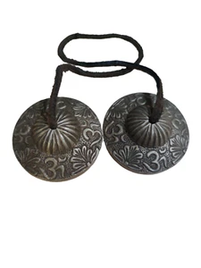 @ Indian Traditional Brass Finish Om Carving Manjeera For Pooja - Picture 1 of 5