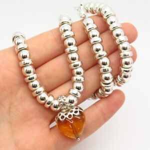 925 Sterling Silver Real Amber Heart Bead Chain Necklace 17"
