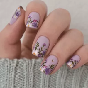 Short Square Press-On Fake Nail Elegant Purple Flowers Stylish Manicure 24pcs - Picture 1 of 5