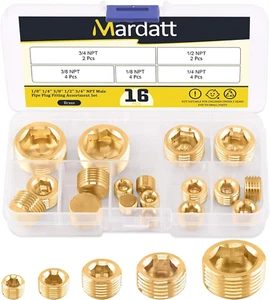 Mardatt 16Pcs 5 Sizes Brass NPT Plug Assortment Kit, 1/8" 1/4" 3/8" 1/2" 3/4"... - Picture 1 of 12