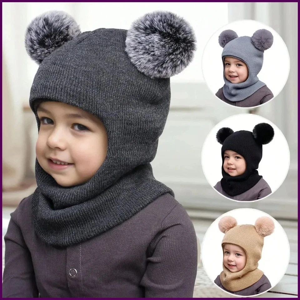 Sombrero de invierno para niños 3-12 años doble pom gorro tejido cálido cubierta de oreja gorra de una pieza Foto 1 de 4
