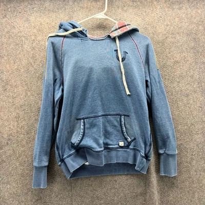 True Religion Hoodie Women Large Blue Plaid Lined Pullover Sweatshirt Faded VTG - Image 1 of 4