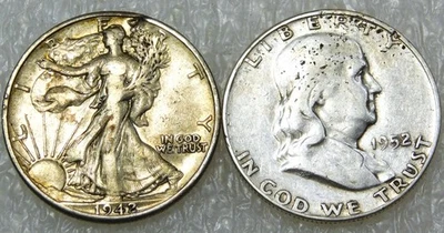 1942-D Franklin & 1952-D Walking Liberty Silver Half Dollar Cull lot of 2 #P215 - Image 1 of 2