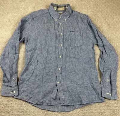 Barbour Shirt Men Medium Tailored Linen Blue Houndstooth Long Sleeve Button Down - Image 1 of 4