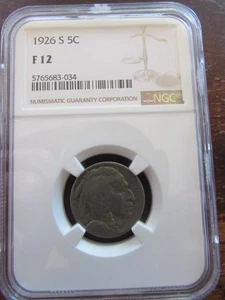 1926 S BUFFALO NICKEL NGC F12 SAN FRANCISO MINT TOUGH DATE 5C US BISON COIN - Picture 1 of 12