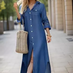 Women's Casual Long Sleeve Button Front Maxi Shirt Dress - Picture 1 of 14