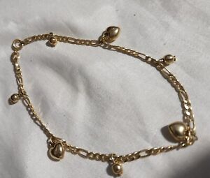 GOLD PLATED 10" ANKLE BRACELET W, HEART CHARMS