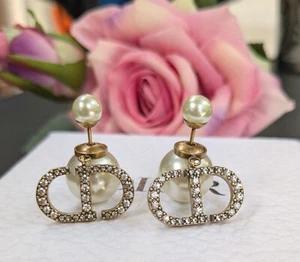 Dior Tribales Earrings Antique gold Crystal CD Logo - Authentic Pre-owned - Picture 1 of 8