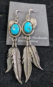 Indianer Navajo Türkis Sterlingsilber Ohrringe mit baumelnder Feder - Bild 1 von 3
