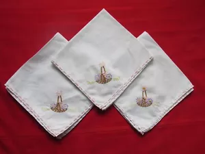 (3) Vtg. Hand Embroidered 16x16" Napkins~Spring/Summer Flowers~Edge Pink Thread - Picture 1 of 3