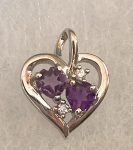 10k White Gold Pendant Heart Shaped Lab Created Amethyst & White CZ Pendant - Picture 1 of 6