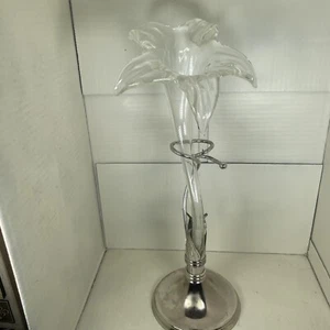 Vintage Hand-Blown Clear Glass Art Nouveau Style Lily Vase In Silver Toned Base - Picture 1 of 11