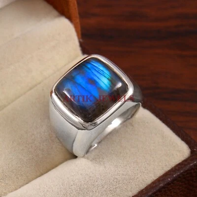 Anello In Argento Sterling 925 Con Gemma Di Labradorite Naturale Per Uomo #4218 - Immagine 1 di 3