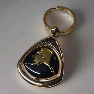 Alaska Spinner Schlüsselanhänger Gold Karte Elch der 49. Staat Metall Vintage Souvenir - Bild 1 von 7