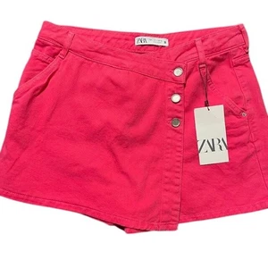 Zara Skort Hot Pink Button Front Denim Skirt Shorts L - Picture 1 of 6