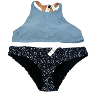 J. Crew Active Long Line Swim Top & Hipster Bikini Bottom Blue Dot Size 3X - Picture 1 of 14