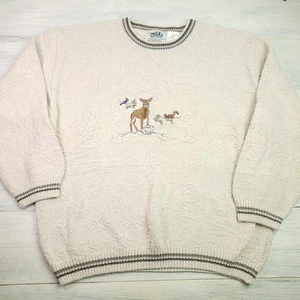 Maglione ricamato Northern Reflections Deer Woodland avorio maglia grossa grande - Foto 1 di 8