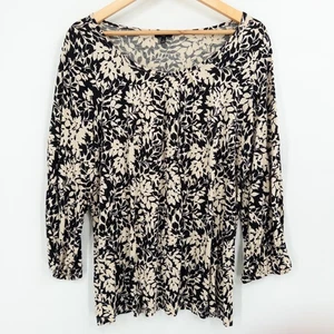 Talbots Woman Black Beige Floral Top Womens 1X Rayon Stretch Office Neutral Boho - Picture 1 of 9