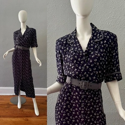 Maxi Vestido Vintage Años 80 Doe Años 40 Azul Marino Botón Cinturón M/L Foto 1 de 4