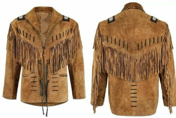  Men's Traditional  Cowboy Western Leather Jacket Coat  with Fringes beads - Image 1 of 4