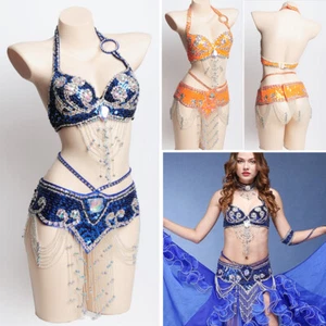 Traje de Disfraz de Danza del Vientre Sujetador con Cuentas Top Cinturón de Cadera Conjunto Festival - Imagen 1 de 7