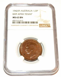 1942(P) AUSTRALIA 1/2P HALF PENNY NGC MS 63 MS63 BN UNC Certified Graded Coin  - Picture 1 of 5