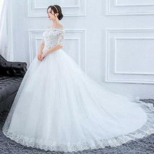 Gorgeous Long Train Wedding Dresses Lace Beaded Ball Gown - Picture 1 of 11