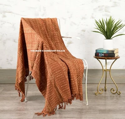 Block Print Rust Wrap Throw Hand Loom Shawl With Tassel Mud Cloth Throw Blanket - Image 1 of 3